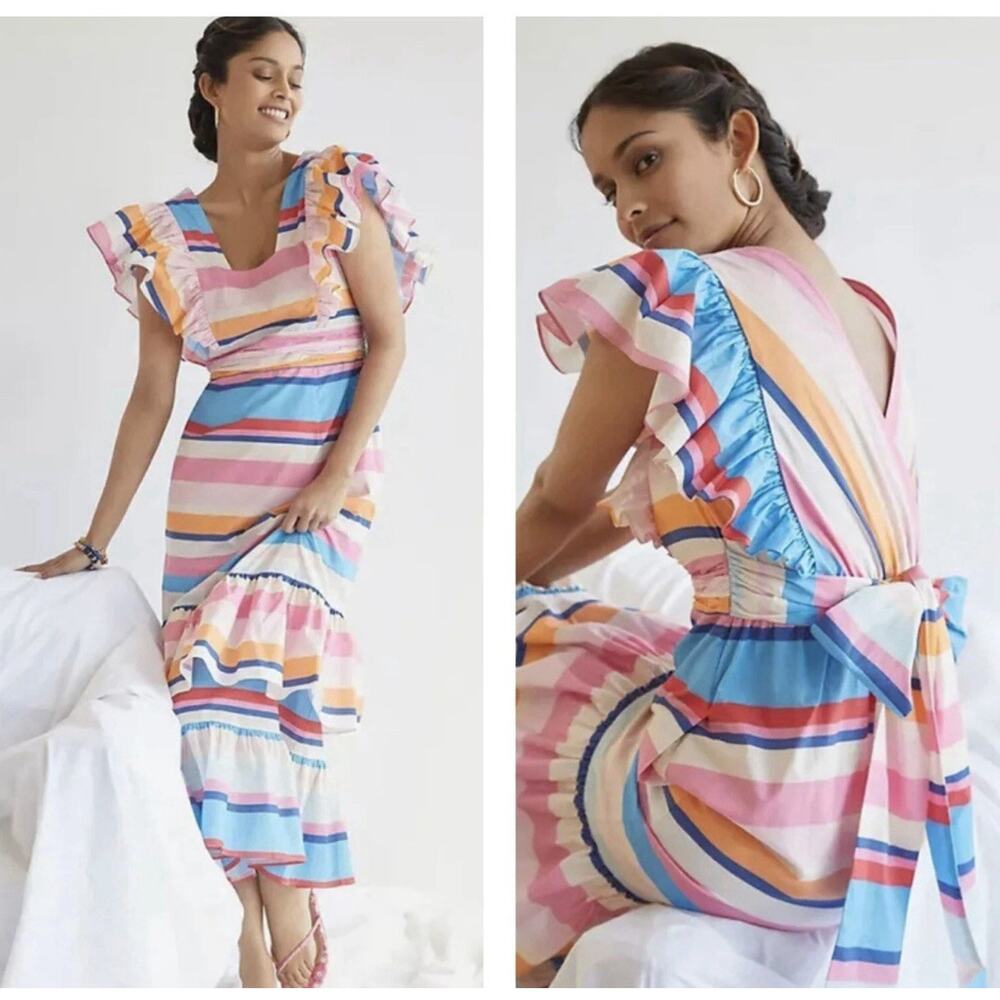 Plenty By Tracy Reese Anthropologie Rainbow Striped Ruffle Midi Dress Large
